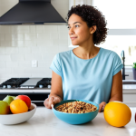 A diverse adult woman in modest, comfortable attire, seated at a bright, modern kitchen island. She holds a bowl of colorful, fresh fruit and granola, looking at it with a thoughtful, serene expression. The kitchen is clean and well-lit with natural light. High-resolution, professional photography, perfect anatomy, correct proportions, well-formed hands, proper finger count, natural body proportions, natural pose, safe for work, appropriate content, fully clothed, professional, family-friendly.