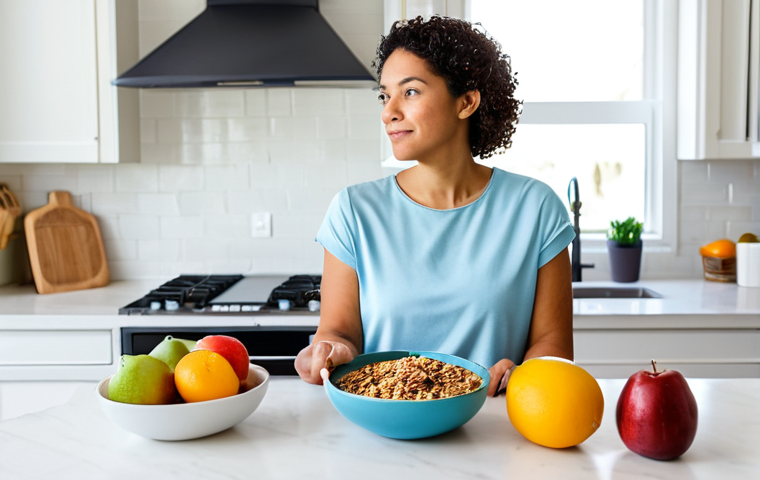 A diverse adult woman in modest, comfortable attire, seated at a bright, modern kitchen island. She holds a bowl of colorful, fresh fruit and granola, looking at it with a thoughtful, serene expression. The kitchen is clean and well-lit with natural light. High-resolution, professional photography, perfect anatomy, correct proportions, well-formed hands, proper finger count, natural body proportions, natural pose, safe for work, appropriate content, fully clothed, professional, family-friendly.