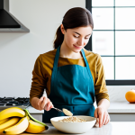 A professional-looking individual, fully clothed in modest, appropriate attire and a clean apron, gently placing a banana and a bowl of oatmeal on a kitchen counter. The modern kitchen is brightly lit with natural light, showcasing an array of fresh, low-acid vegetables. The scene conveys a sense of calm, healthy eating habits. perfect anatomy, correct proportions, natural pose, well-formed hands, proper finger count, natural body proportions, safe for work, appropriate content, family-friendly, professional quality photography, high resolution.