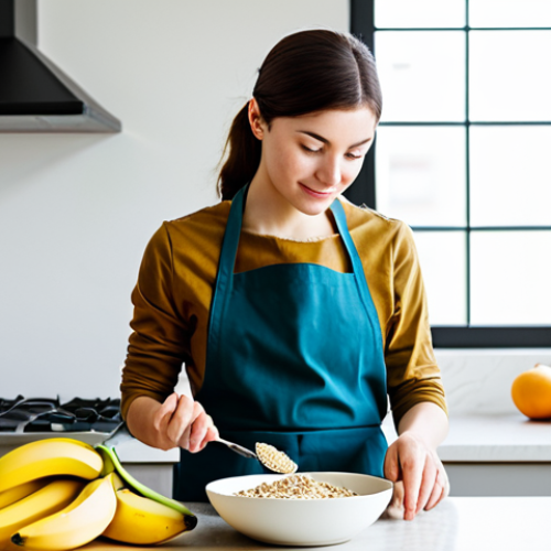 A professional-looking individual, fully clothed in modest, appropriate attire and a clean apron, gently placing a banana and a bowl of oatmeal on a kitchen counter. The modern kitchen is brightly lit with natural light, showcasing an array of fresh, low-acid vegetables. The scene conveys a sense of calm, healthy eating habits. perfect anatomy, correct proportions, natural pose, well-formed hands, proper finger count, natural body proportions, safe for work, appropriate content, family-friendly, professional quality photography, high resolution.