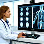 A professional female radiologist, fully clothed in a modest, light-colored lab coat, is standing beside a state-of-the-art medical ultrasound machine in a clean, modern clinic examination room. She is looking at a large, high-resolution monitor displaying abstract, stylized medical imaging data with a subtle graphic overlay of an AI interface, indicating advanced diagnostics. The lighting is soft and professional. Perfect anatomy, correct proportions, natural pose, well-formed hands, proper finger count, natural body proportions. Safe for work, appropriate content, fully clothed, professional. High-quality professional photography, ultra-detailed, sharp focus, bright and hopeful atmosphere.