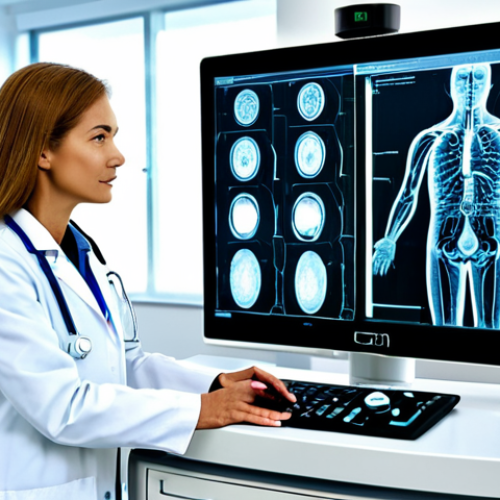 A professional female radiologist, fully clothed in a modest, light-colored lab coat, is standing beside a state-of-the-art medical ultrasound machine in a clean, modern clinic examination room. She is looking at a large, high-resolution monitor displaying abstract, stylized medical imaging data with a subtle graphic overlay of an AI interface, indicating advanced diagnostics. The lighting is soft and professional. Perfect anatomy, correct proportions, natural pose, well-formed hands, proper finger count, natural body proportions. Safe for work, appropriate content, fully clothed, professional. High-quality professional photography, ultra-detailed, sharp focus, bright and hopeful atmosphere.