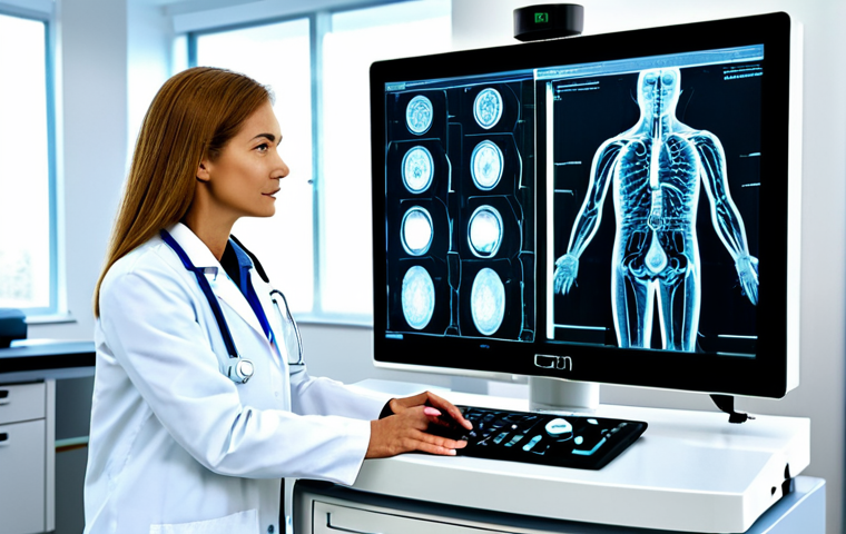 A professional female radiologist, fully clothed in a modest, light-colored lab coat, is standing beside a state-of-the-art medical ultrasound machine in a clean, modern clinic examination room. She is looking at a large, high-resolution monitor displaying abstract, stylized medical imaging data with a subtle graphic overlay of an AI interface, indicating advanced diagnostics. The lighting is soft and professional. Perfect anatomy, correct proportions, natural pose, well-formed hands, proper finger count, natural body proportions. Safe for work, appropriate content, fully clothed, professional. High-quality professional photography, ultra-detailed, sharp focus, bright and hopeful atmosphere.