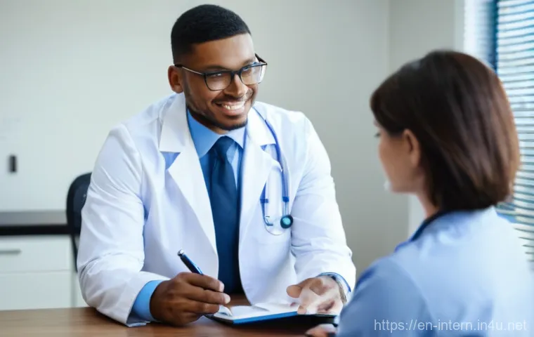 내과 방문 준비물 - **Patient-Doctor Collaboration: Discussing Health History**
A diverse adult patient, dressed in ...