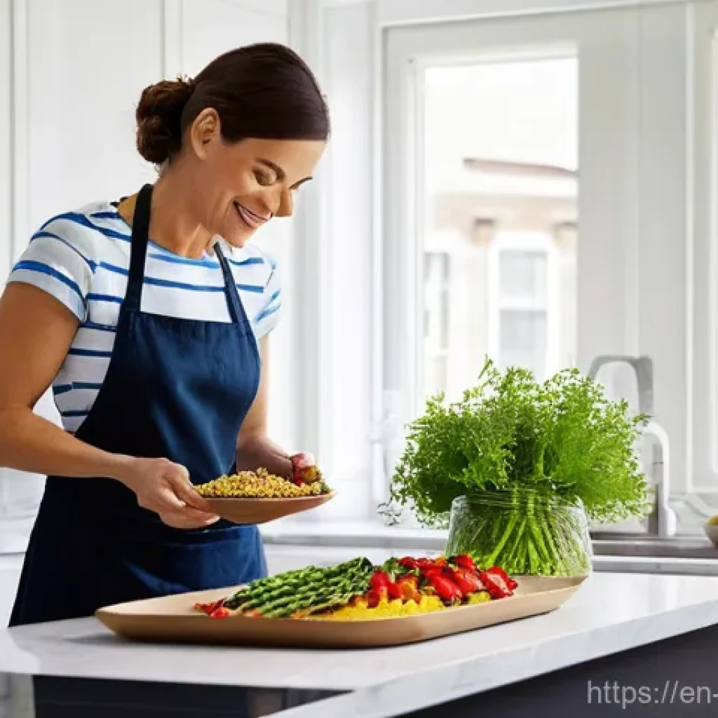 고지혈증 예방법 - **Nourishing Plate Creation:** A woman in her late 30s, dressed in a modest t-shirt and an apron, st...