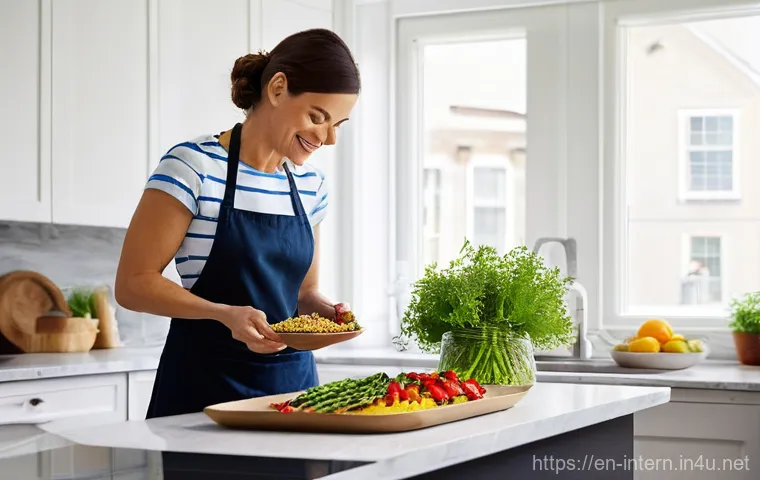 고지혈증 예방법 - **Nourishing Plate Creation:** A woman in her late 30s, dressed in a modest t-shirt and an apron, st...