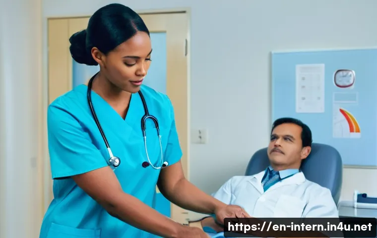 내과 종합 검진 가격 - **Prompt:** "A diverse male patient, mid-30s, wearing a clean, light blue medical examination gown o...