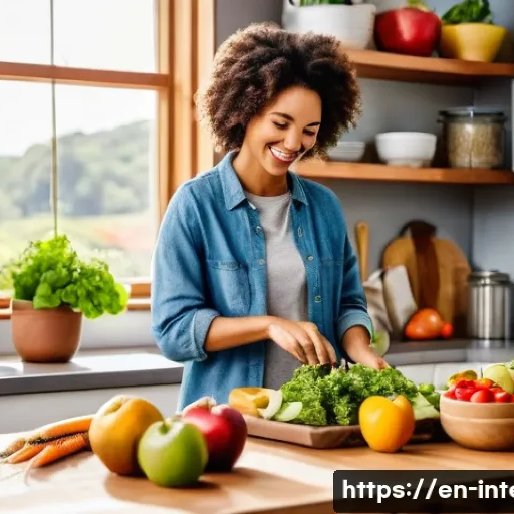 위장 건강 유지 방법 - A vibrant, cozy kitchen scene featuring a diverse assortment of fiber-rich foods displayed on a wood...