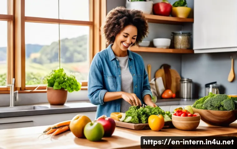 위장 건강 유지 방법 - A vibrant, cozy kitchen scene featuring a diverse assortment of fiber-rich foods displayed on a wood...