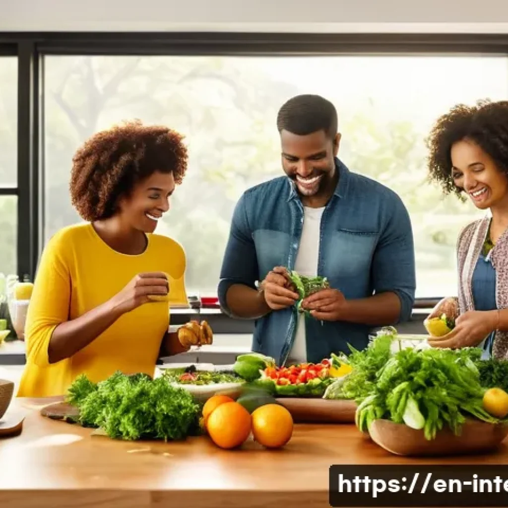 고혈압 환자 필수 생활 팁 - A vibrant kitchen scene showing a diverse group of adults preparing a heart-healthy meal together, f...