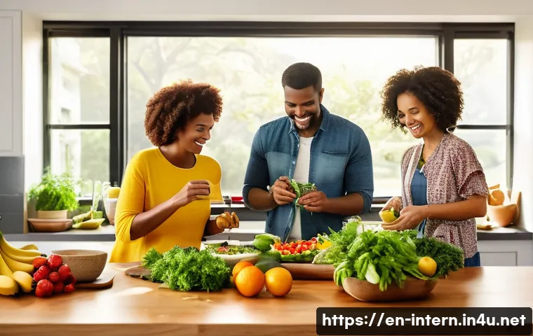 고혈압 환자 필수 생활 팁 - A vibrant kitchen scene showing a diverse group of adults preparing a heart-healthy meal together, f...