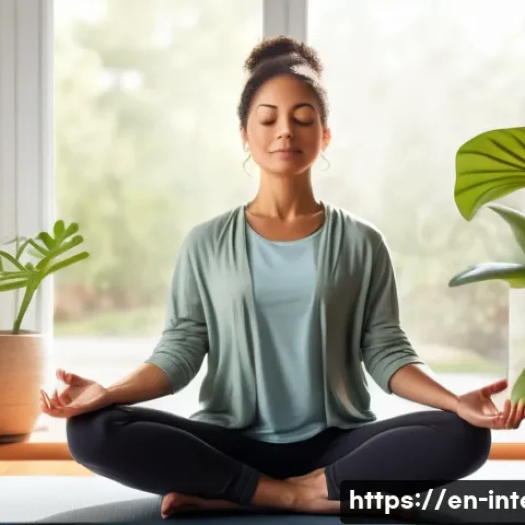 고혈압 원인과 해결 - A detailed, realistic illustration of a middle-aged person practicing mindfulness meditation in a co...