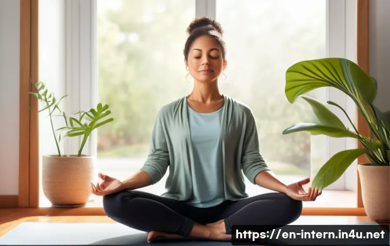 고혈압 원인과 해결 - A detailed, realistic illustration of a middle-aged person practicing mindfulness meditation in a co...