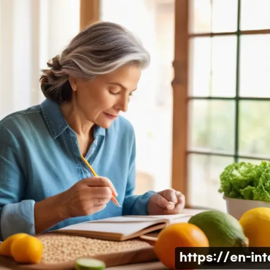 소화기 질환 증상과 예방법 - A cozy, bright kitchen scene featuring a middle-aged woman thoughtfully journaling at the table, sur...