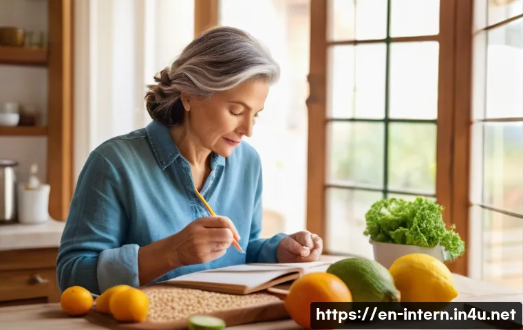 소화기 질환 증상과 예방법 - A cozy, bright kitchen scene featuring a middle-aged woman thoughtfully journaling at the table, sur...