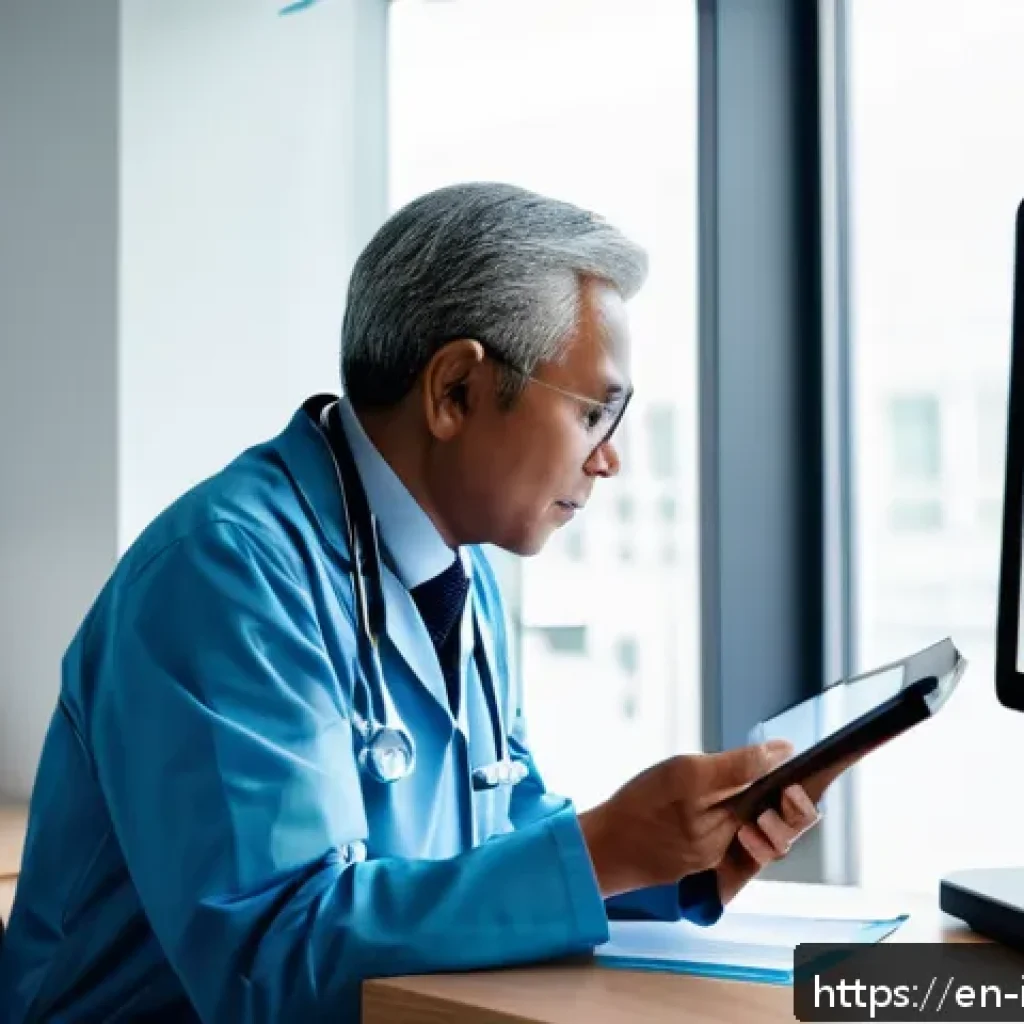 내과 방문 전 준비 - A professional and calm internal medicine clinic setting, showing a middle-aged patient sitting at a...