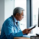 내과 방문 전 준비 - A professional and calm internal medicine clinic setting, showing a middle-aged patient sitting at a...