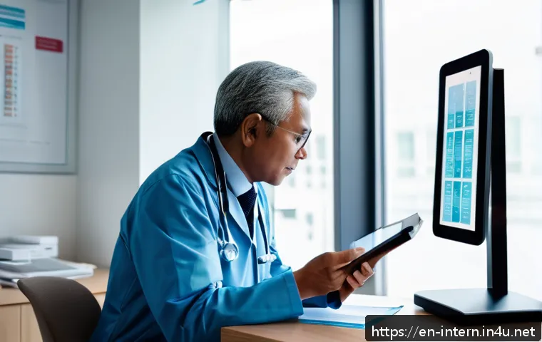 내과 방문 전 준비 - A professional and calm internal medicine clinic setting, showing a middle-aged patient sitting at a...