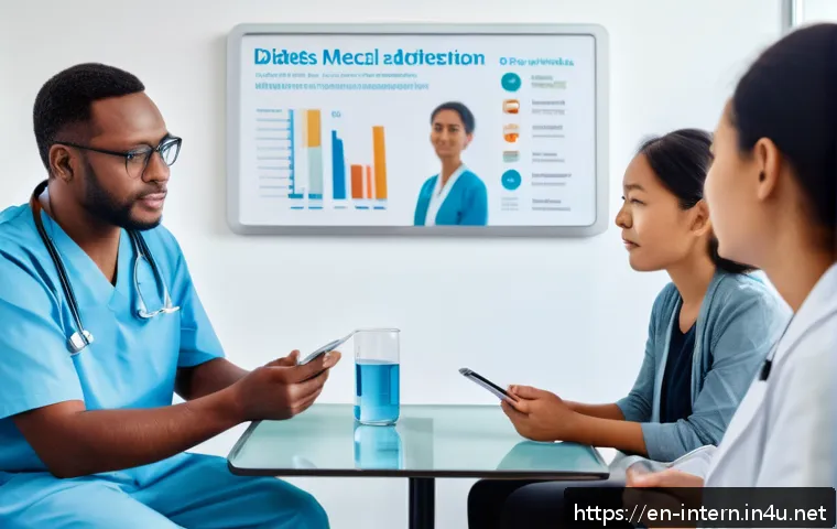 당뇨병 약물 치료 부작용 - A diverse group of adults of various ages sitting in a bright, modern medical clinic room, attentive...
