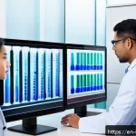 내과 검진 항목 비교 - A modern medical laboratory scene showing a diverse group of healthcare professionals analyzing bloo...