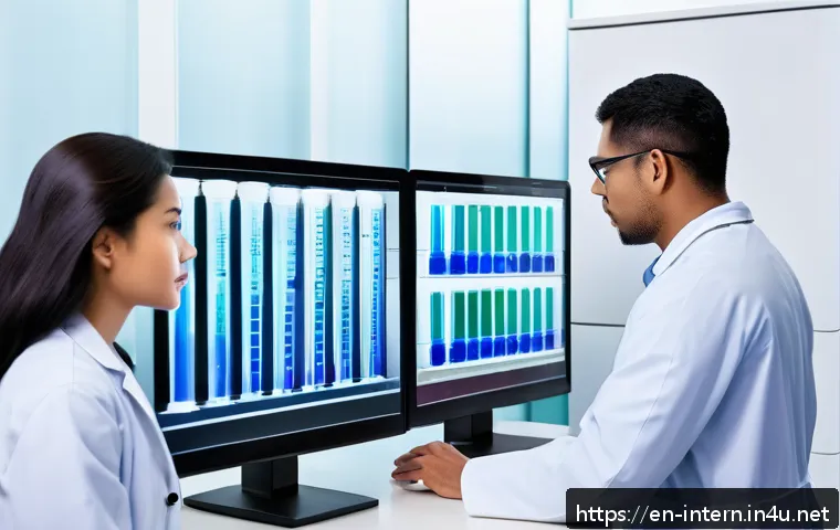 내과 검진 항목 비교 - A modern medical laboratory scene showing a diverse group of healthcare professionals analyzing bloo...