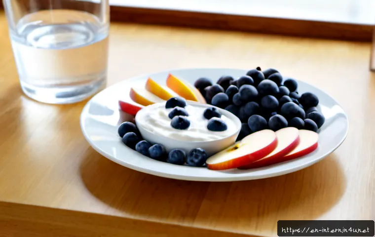 Home 17 당뇨 환자 추천 간식 - Photorealistic healthy snack plate for a person managing diabetes: a small bowl of plain Greek yogur...